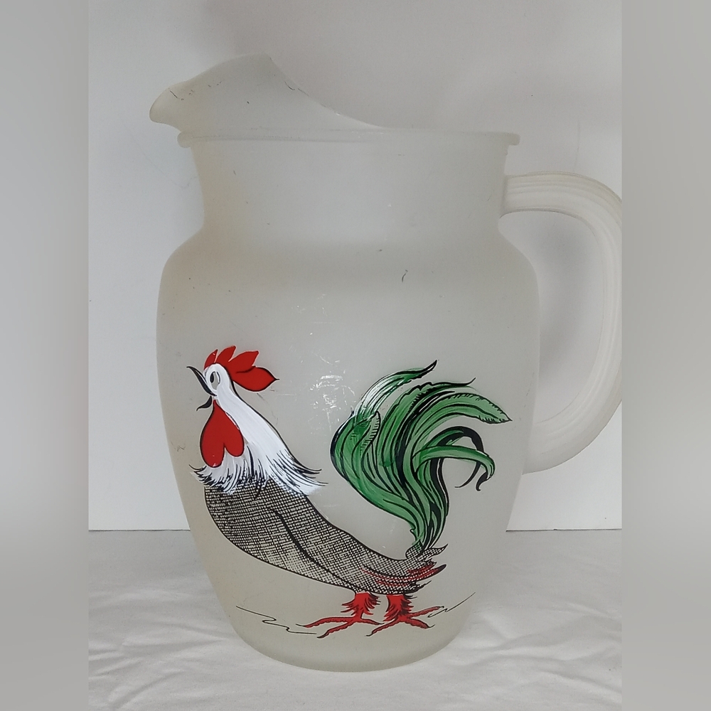 Vintage Hazel Atlas Frosted Rooster Art Glass Pitcher - White and Green
